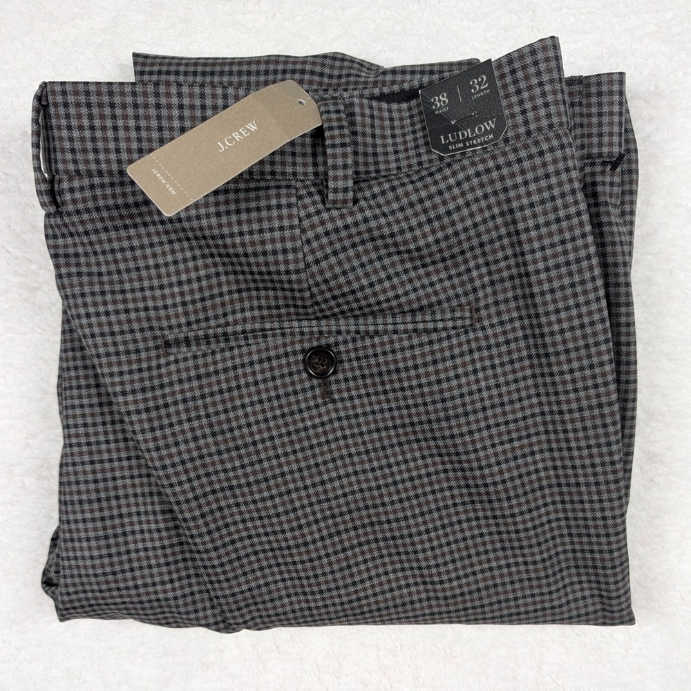 J Crew Ludlow Slim Stretch Dress Pants Mens 38x32 Grey Check Four Season Wool